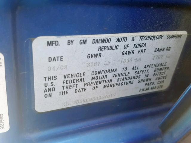 KL1TD66698B264017 - 2008 CHEVROLET AVEO BASE Көк фото 10