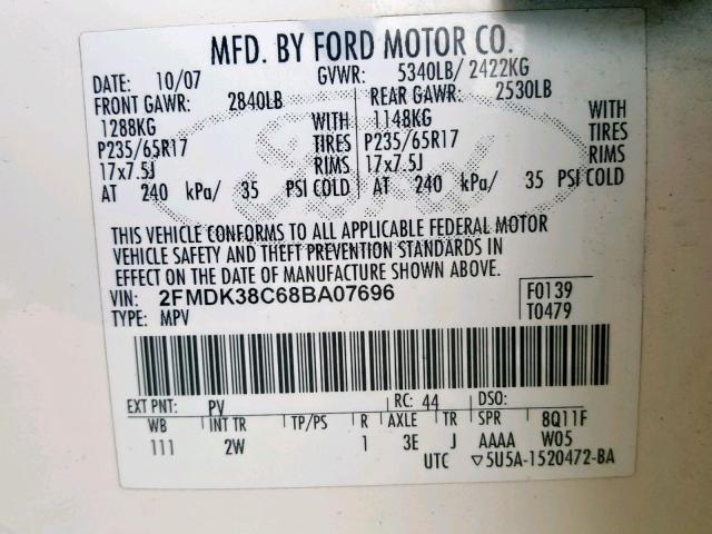 2FMDK38C68BA07696 - 2008 FORD EDGE SEL WHITE photo 10