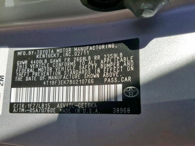 4T1BF3EK7BU210766 - 2011 TOYOTA CAMRY BASE SILVER photo 10