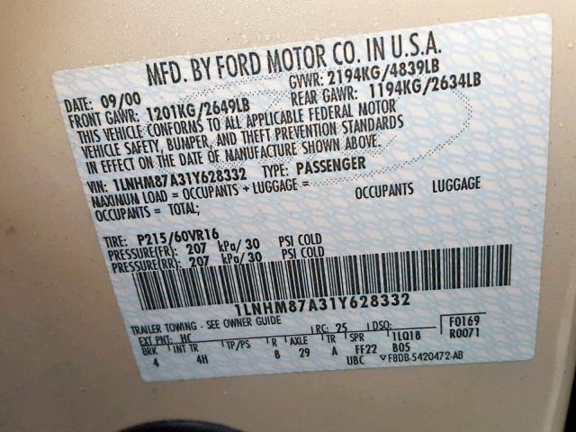 1LNHM87A31Y628332 - 2001 LINCOLN LS BEIGE photo 10