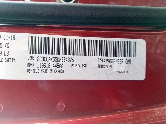 2C3CCAKG5KH534375 - 2019 CHRYSLER 300 LIMITE MAROON photo 10