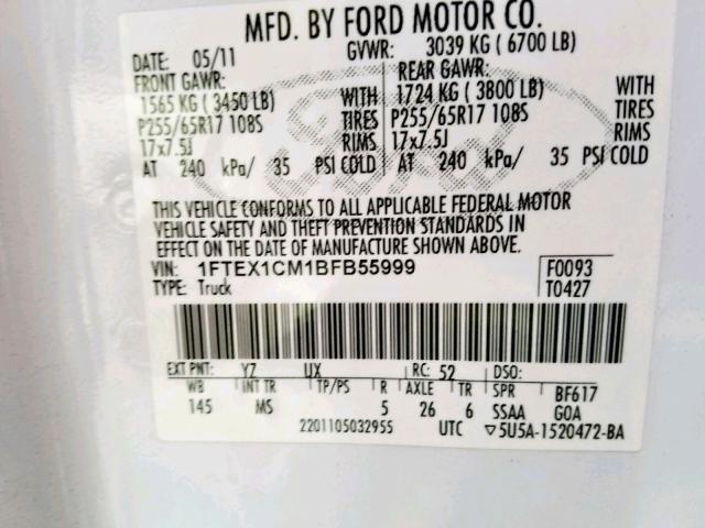 1FTEX1CM1BFB55999 - 2011 FORD F150 SUPER CAB  photo 10