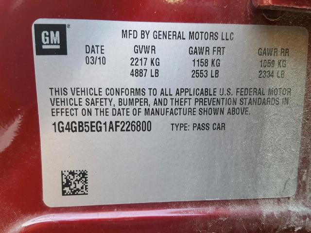 1G4GB5EG1AF226800 - 2010 BUICK LACROSSE C RED photo 10