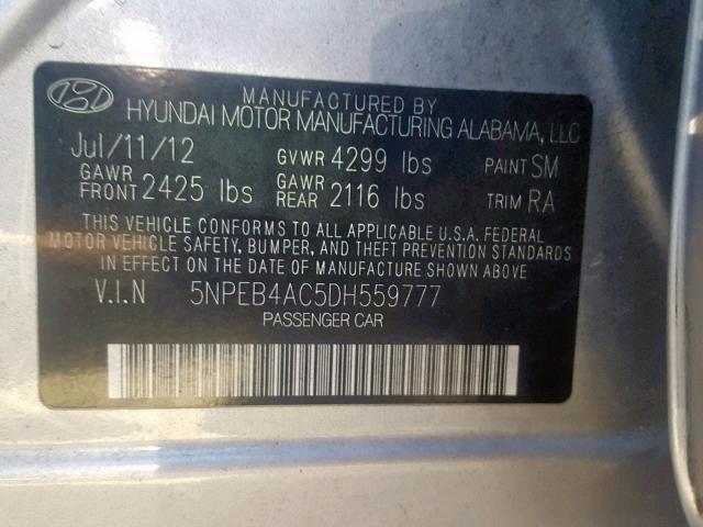 5NPEB4AC5DH559777 - 2013 HYUNDAI SONATA GLS SILVER photo 10