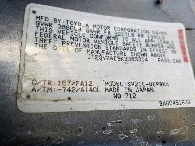 JT2SV24E9K3383314 - 1989 TOYOTA CAMRY GRAY photo 10