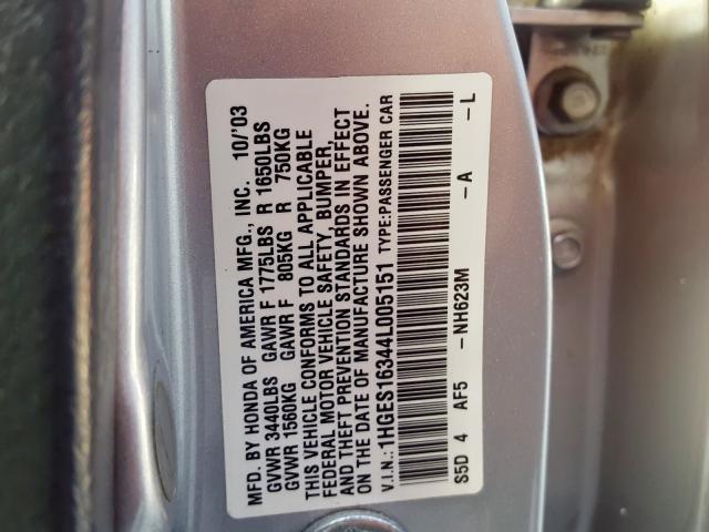 1HGES16344L005151 - 2004 HONDA CIVIC DX V SILVER photo 10