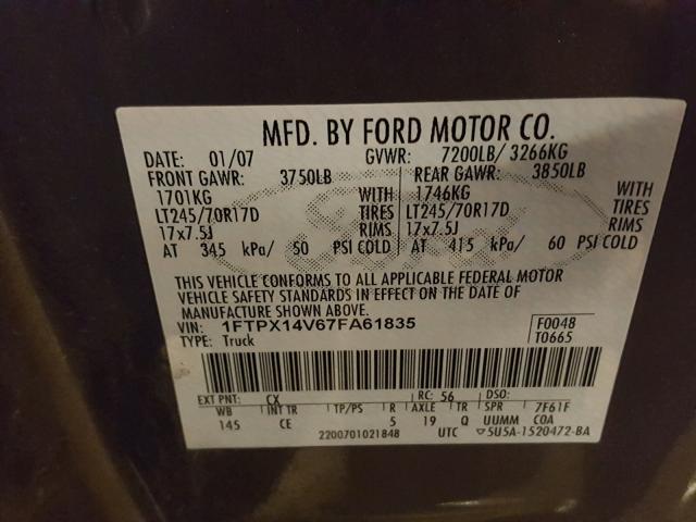 1FTPX14V67FA61835 - 2007 FORD F150 GRAY photo 10