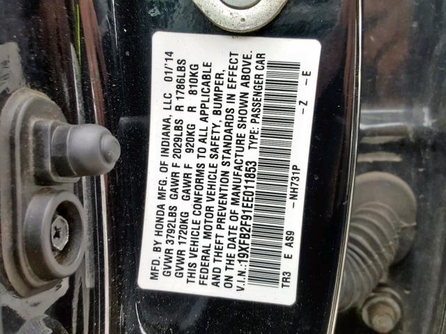 19XFB2F91EE011853 - 2014 HONDA CIVIC EXL BLACK photo 10