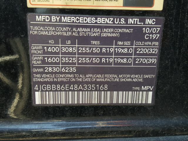 4JGBB86E48A335168 - 2008 MERCEDES-BENZ ML 350 BLACK photo 10