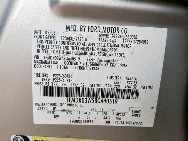 1FMDK03W58GA40519 - 2008 FORD TAURUS X L SILVER photo 10