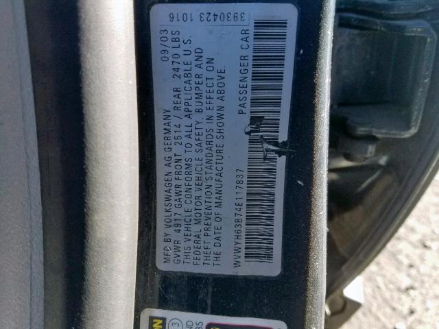 WVWYH63B74E117837 - 2004 VOLKSWAGEN PASSAT GLX GRAY photo 10