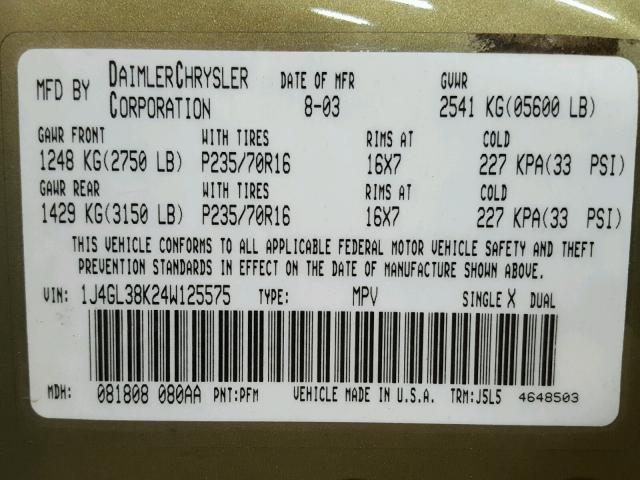 1J4GL38K24W125575 - 2004 JEEP LIBERTY RE GREEN photo 10