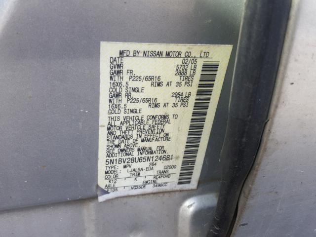 5N1BV28U65N124681 - 2005 NISSAN QUEST S SILVER photo 10