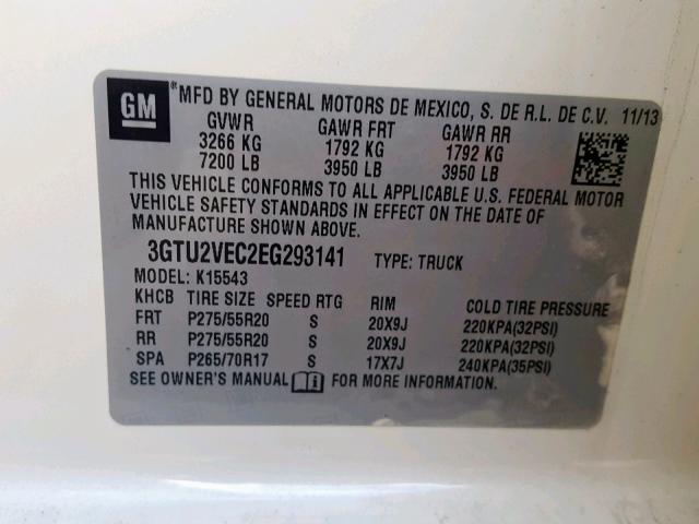 3GTU2VEC2EG293141 - 2014 GMC SIERRA K15 WHITE photo 10