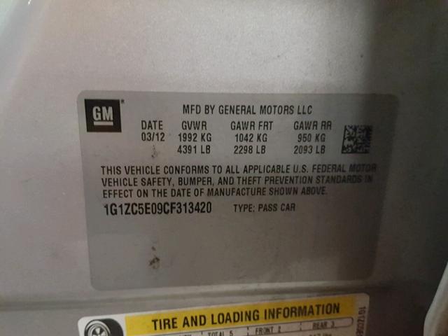 1G1ZC5E09CF313420 - 2012 CHEVROLET MALIBU 1LT GRAY photo 10