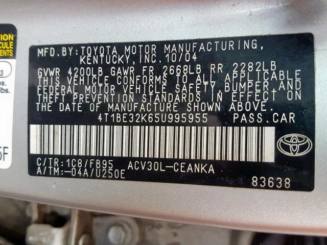 4T1BE32K65U995955 - 2005 TOYOTA CAMRY LE SILVER photo 10