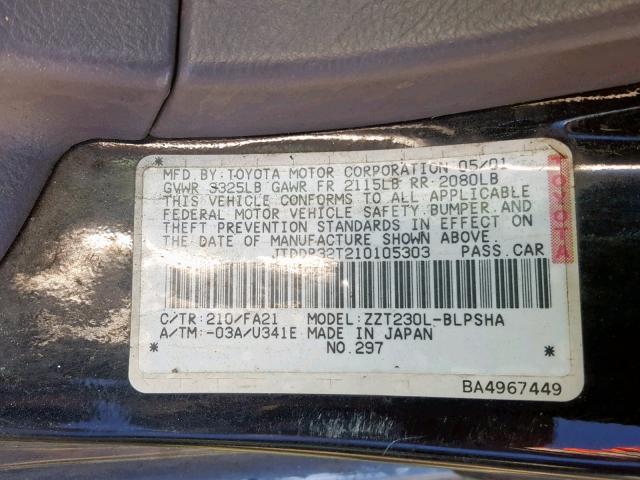 JTDDR32T210105303 - 2001 TOYOTA CELICA GT BLACK photo 10