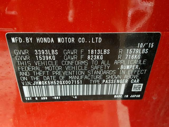 JHMGK5H52GX007151 - 2016 HONDA FIT LX RED photo 10