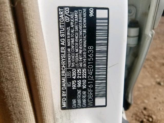 WDBRF61J24E015638 - 2004 MERCEDES-BENZ C 240 WHITE photo 10