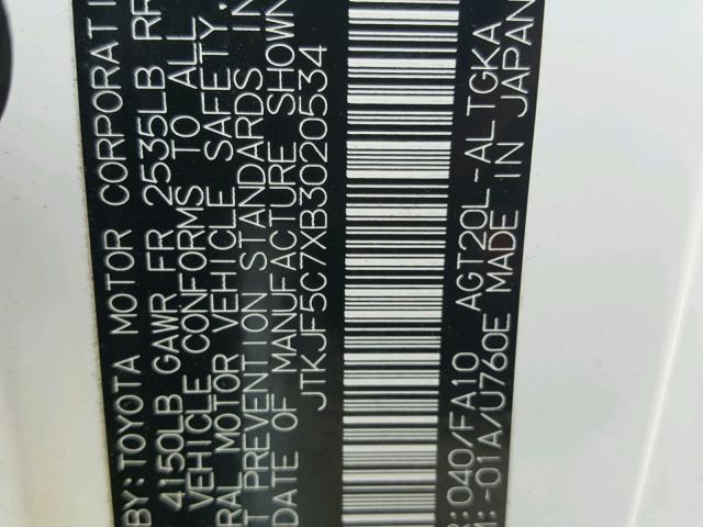 JTKJF5C7XB3020534 - 2011 TOYOTA SCION TC თეთრი ფოტო 10