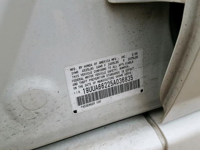 19UUA66225A036835 - 2005 ACURA TL WHITE photo 10