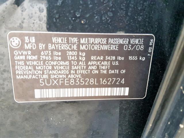 5UXFE83528L162724 - 2008 BMW X5 4.8I BLACK photo 10
