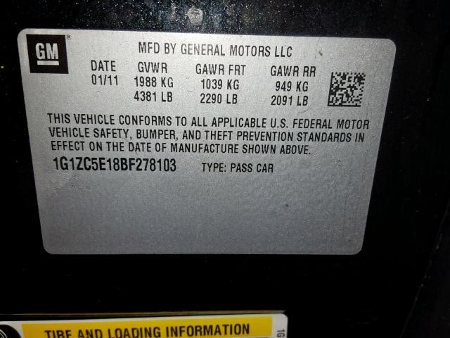 1G1ZC5E18BF278103 - 2011 CHEVROLET MALIBU 1LT BLACK photo 10