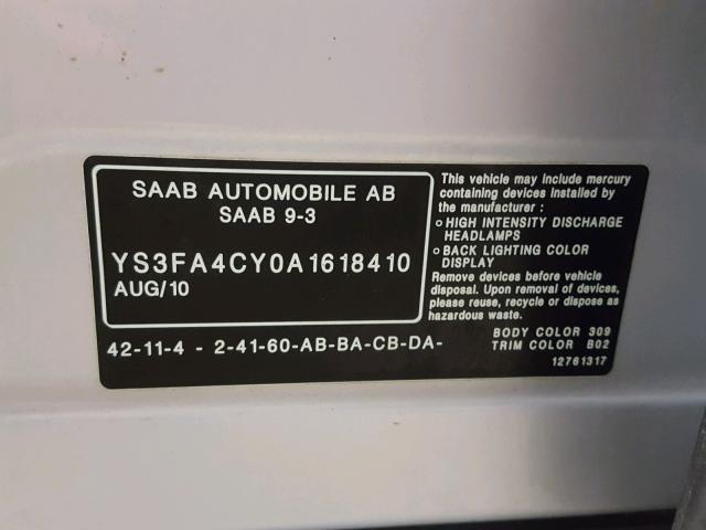 YS3FA4CY0A1618410 - 2010 SAAB 9-3 2.0T SILVER photo 10