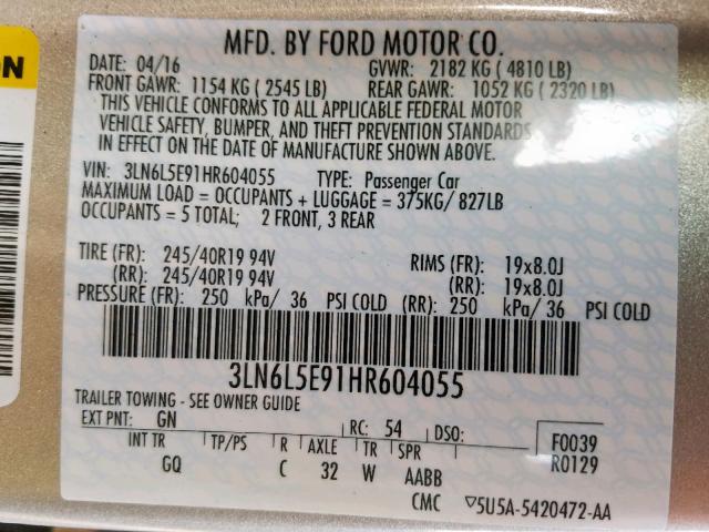 3LN6L5E91HR604055 - 2017 LINCOLN MKZ RESERV GOLD photo 10