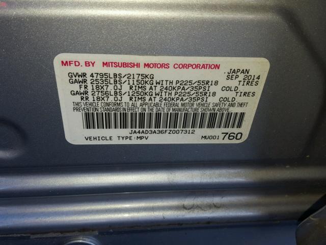 JA4AD3A36FZ007312 - 2015 MITSUBISHI OUTLANDER SILVER photo 10