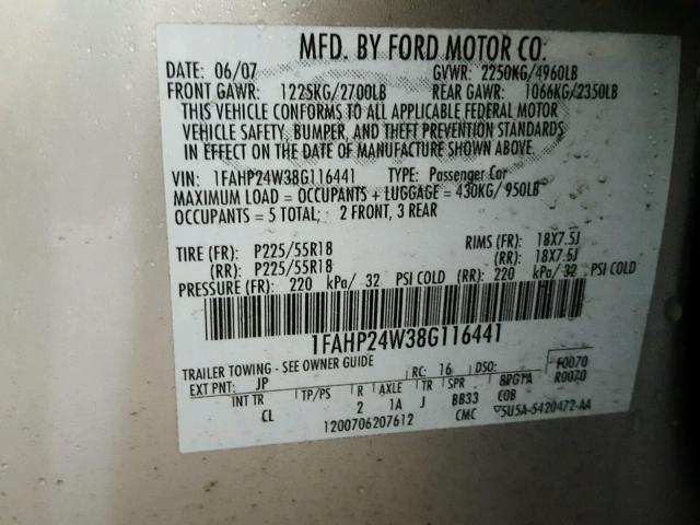 1FAHP24W38G116441 - 2008 FORD TAURUS SEL GRAY photo 10