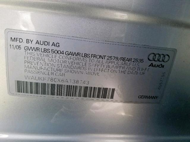 WAUKF78EX6A138743 - 2006 AUDI A4 2.0T AV SILVER photo 10