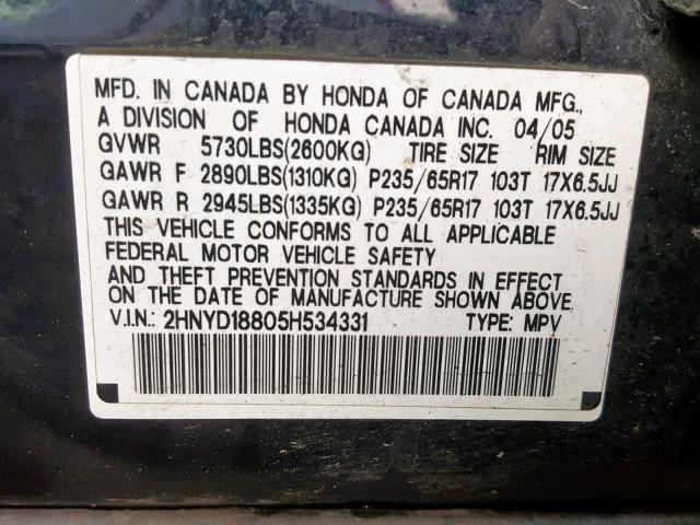 2HNYD18805H534331 - 2005 ACURA MDX TOURIN BLACK photo 10