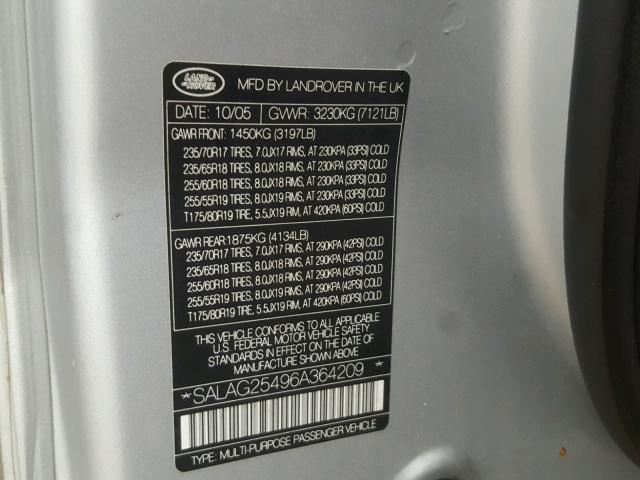 SALAG25496A364209 - 2006 LAND ROVER LR3 HSE SILVER photo 10