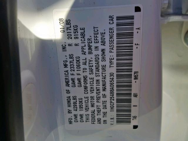 1HGCP25488A065430 - 2008 HONDA ACCORD LXP WHITE photo 10