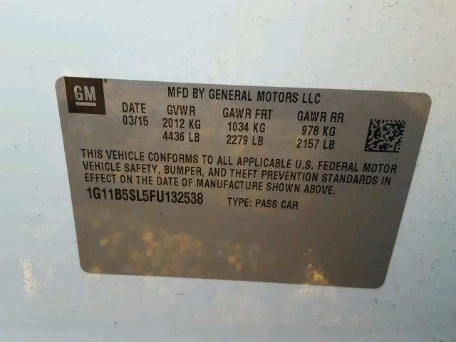 1G11B5SL5FU132538 - 2015 CHEVROLET MALIBU LS 白色 照片 10