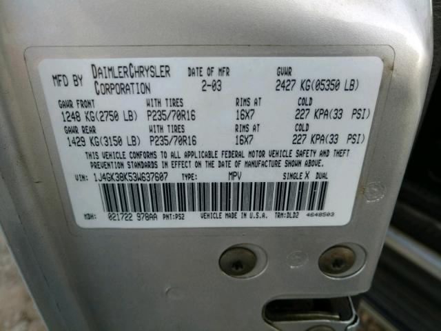 1J4GK38K53W637607 - 2003 JEEP LIBERTY RE SILVER photo 10