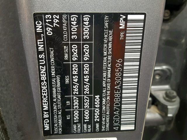 4JGDA7DB8EA308596 - 2014 MERCEDES-BENZ ML 550 4MA GRAY photo 10