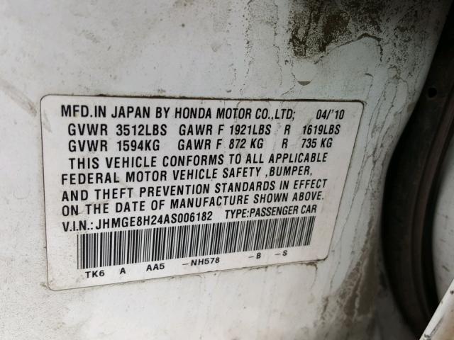 JHMGE8H24AS006182 - 2010 HONDA FIT WHITE photo 10