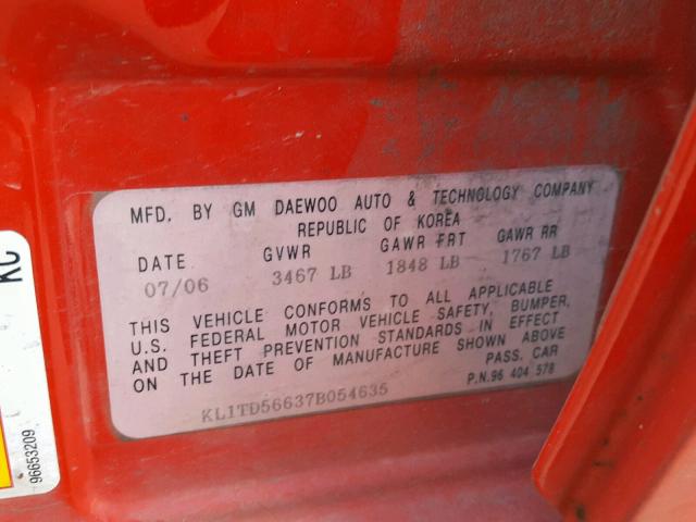 KL1TD56637B054635 - 2007 CHEVROLET AVEO BASE Қызыл фото 10