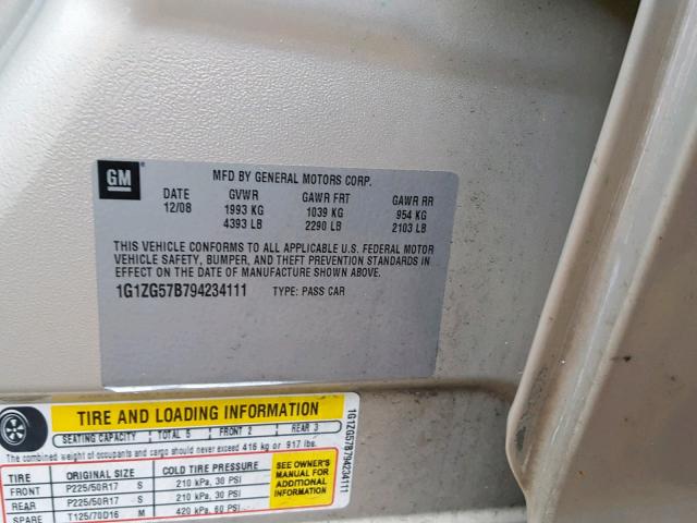 1G1ZG57B794234111 - 2009 CHEVROLET MALIBU LS Qızıl foto 10