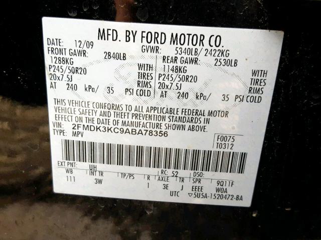 2FMDK3KC9ABA78356 - 2010 FORD EDGE LIMIT BLACK photo 10