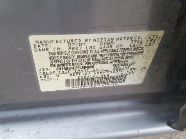 3N1AB61E29L694656 - 2009 NISSAN SENTRA 2.0 GRAY photo 10