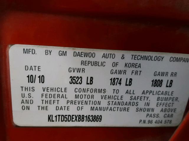 KL1TD5DEXBB163869 - 2011 CHEVROLET AVEO LS RED photo 10