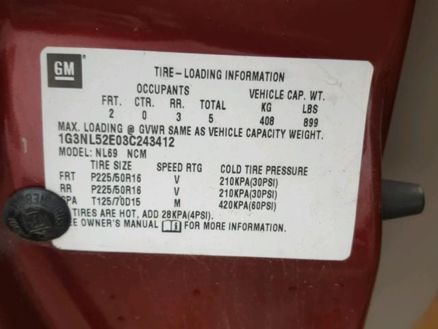 1G3NL52E03C243412 - 2003 OLDSMOBILE ALERO GL RED photo 10