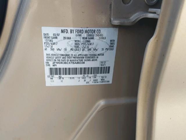 2FMDK36CX7BA86338 - 2007 FORD EDGE SE GOLD photo 10