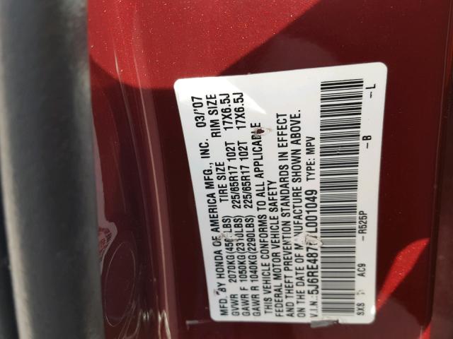 5J6RE48757L001049 - 2007 HONDA CR-V EXL RED photo 10