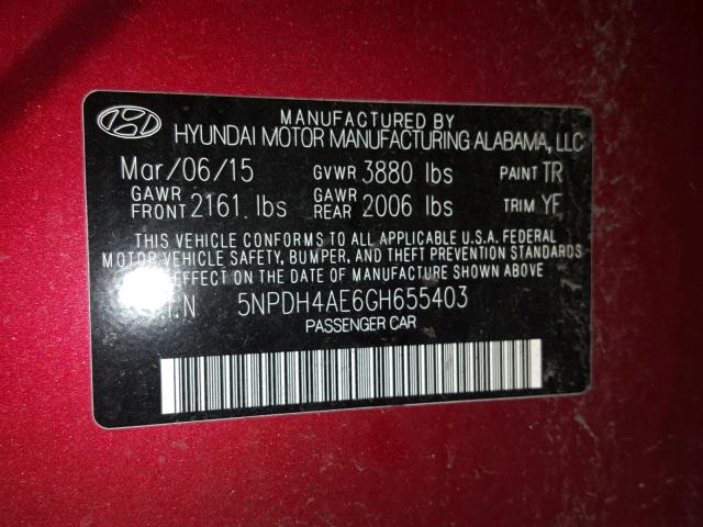 5NPDH4AE6GH655403 - 2016 HYUNDAI ELANTRA SE RED photo 10