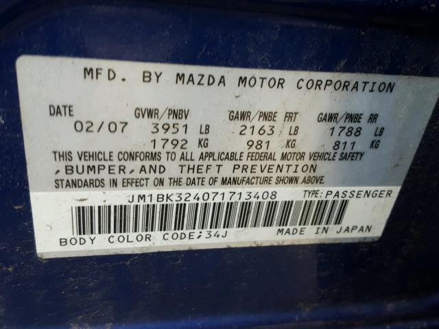 JM1BK324071713408 - 2007 MAZDA 3 S BLUE photo 10