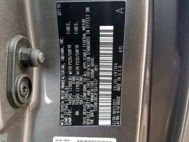 5TDXK3DC3FS641437 - 2015 TOYOTA SIENNA SPO GRAY photo 10